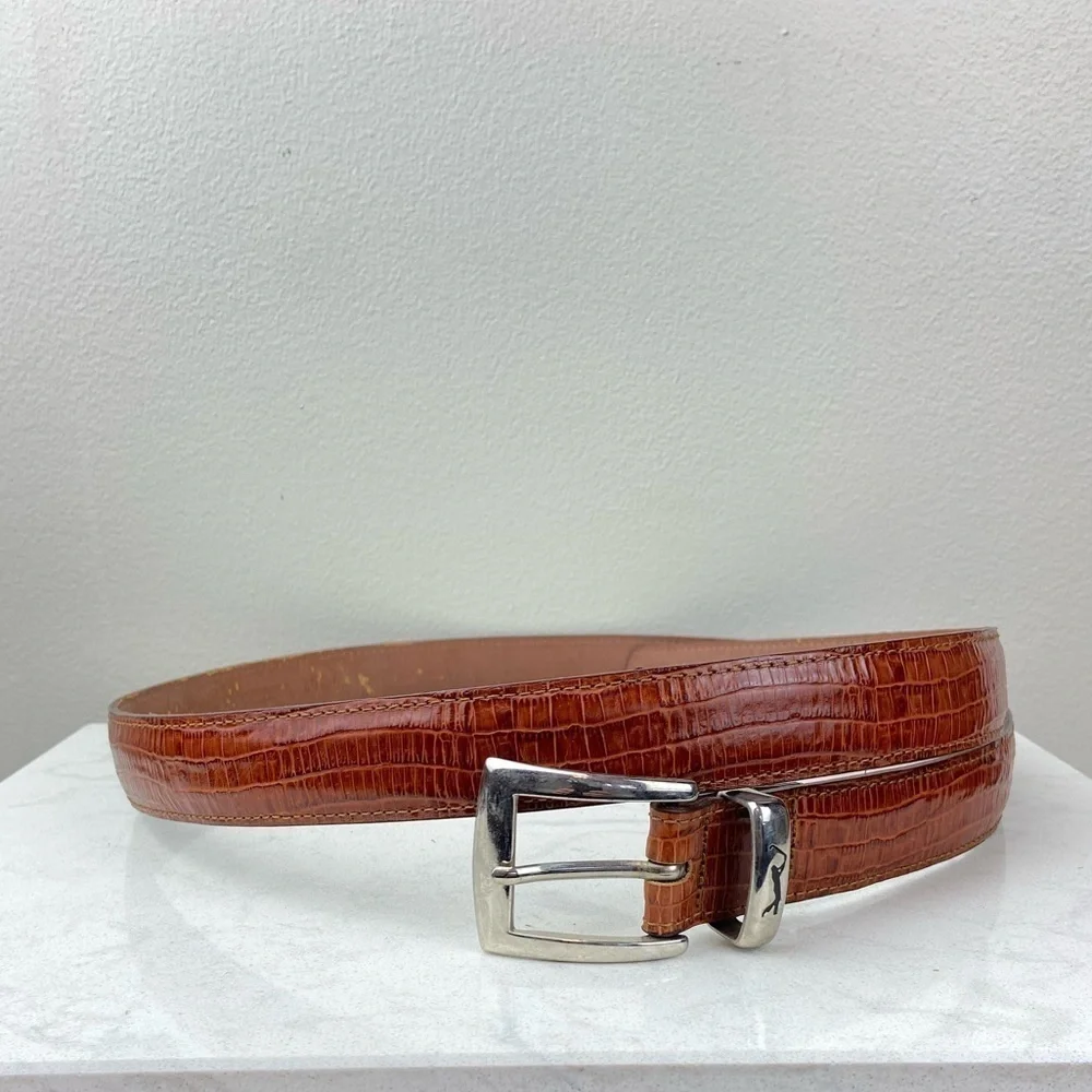 PGA TOUR TOP GRAIN MEN’S REPTILE EMBOSSED LEATHER BELT BROWN AND SILVER